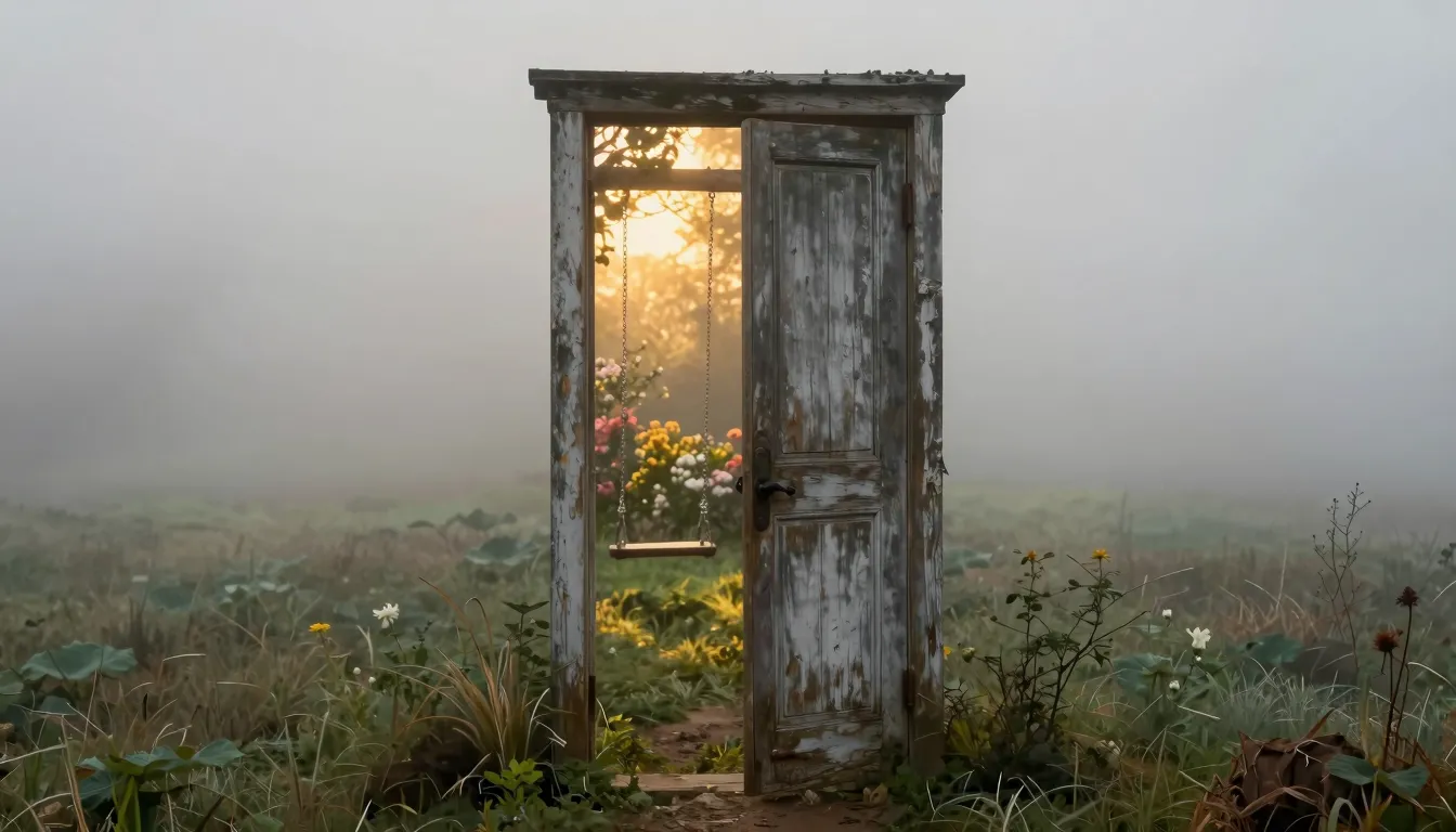 A weathered, ancient wooden door standing alone in a misty, ...