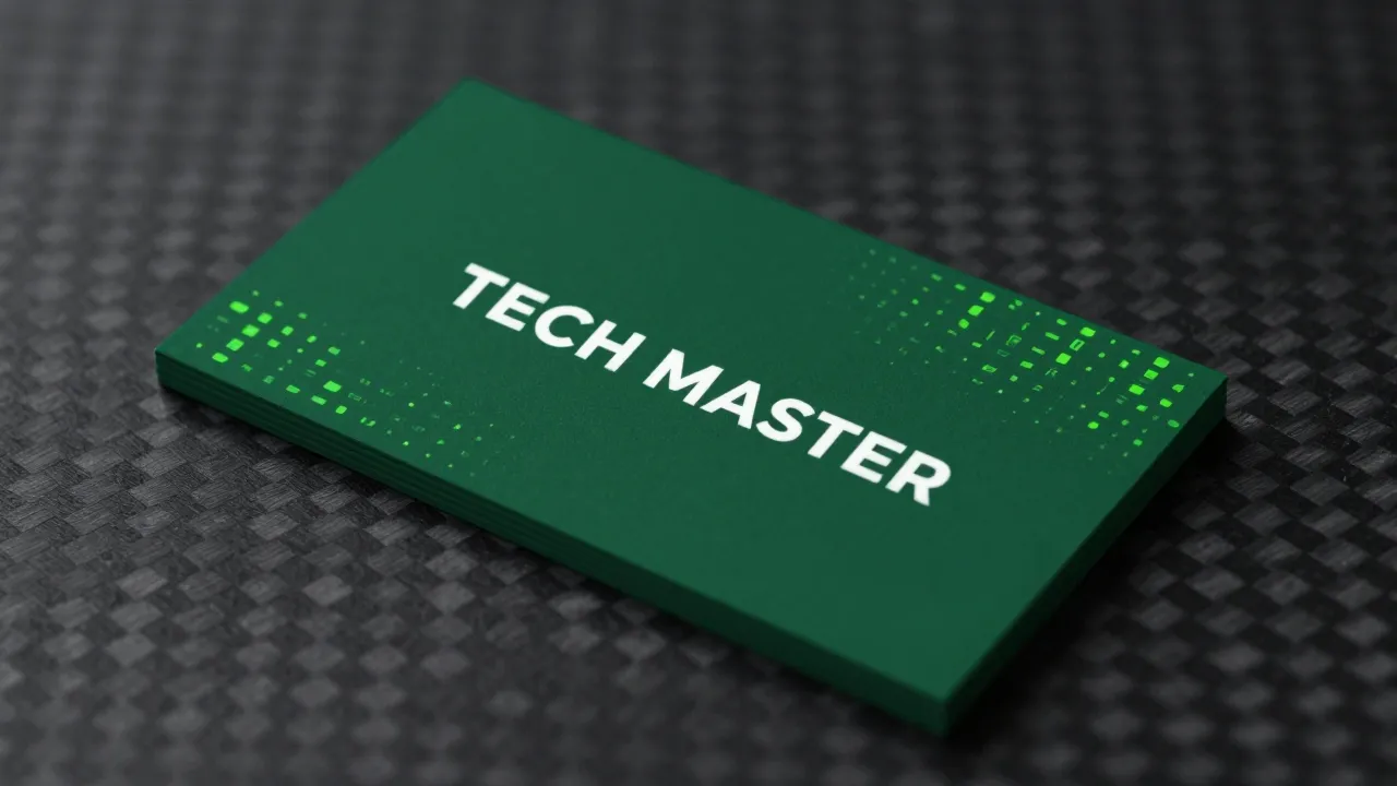 A close-up of a business card lying on a dark carbon surface...