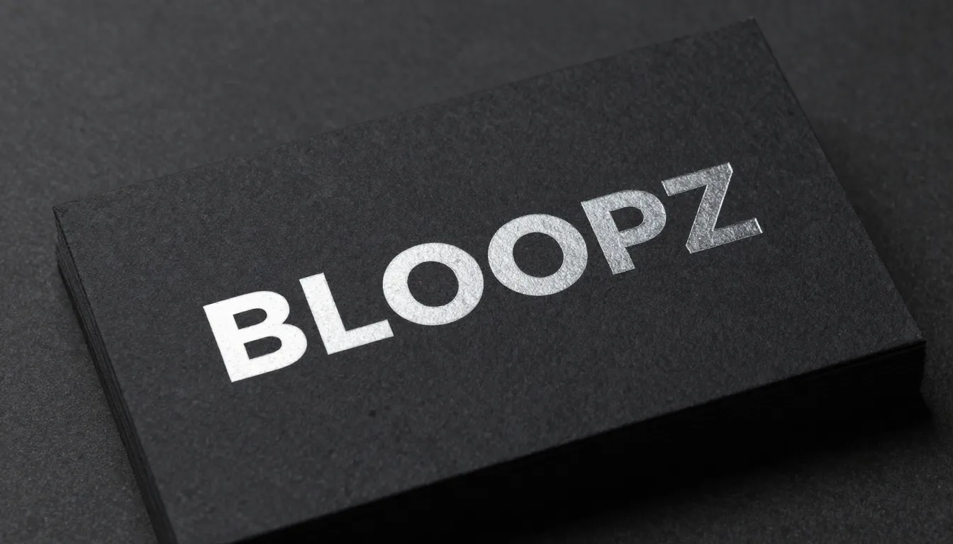 Business card design for 'BLOOPZ', dark matte texture, silve...