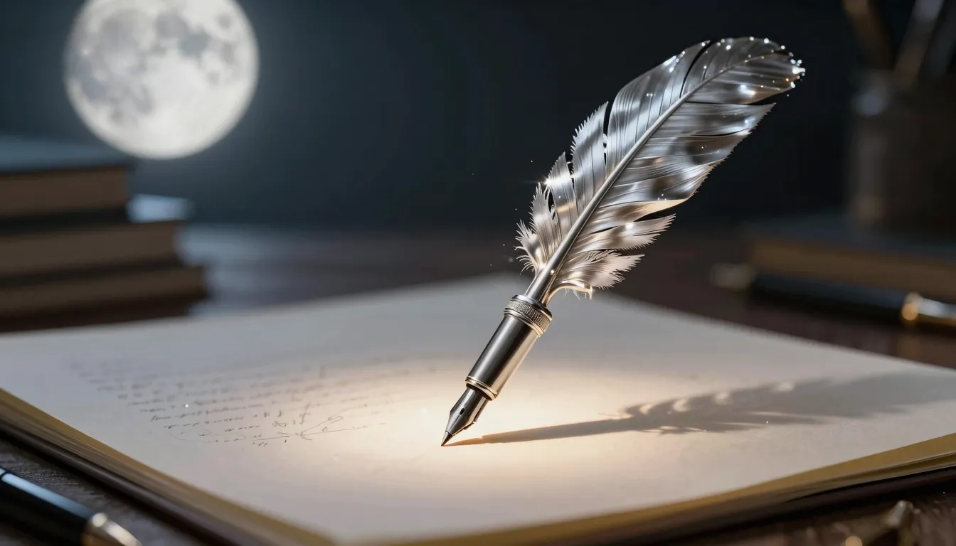 A magical silver quill pen writing on a glowing parchment pa...