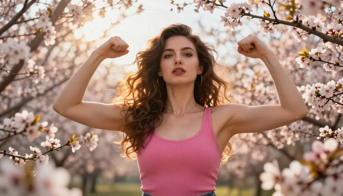 Digital art of a confident woman surrounded by blooming spri...