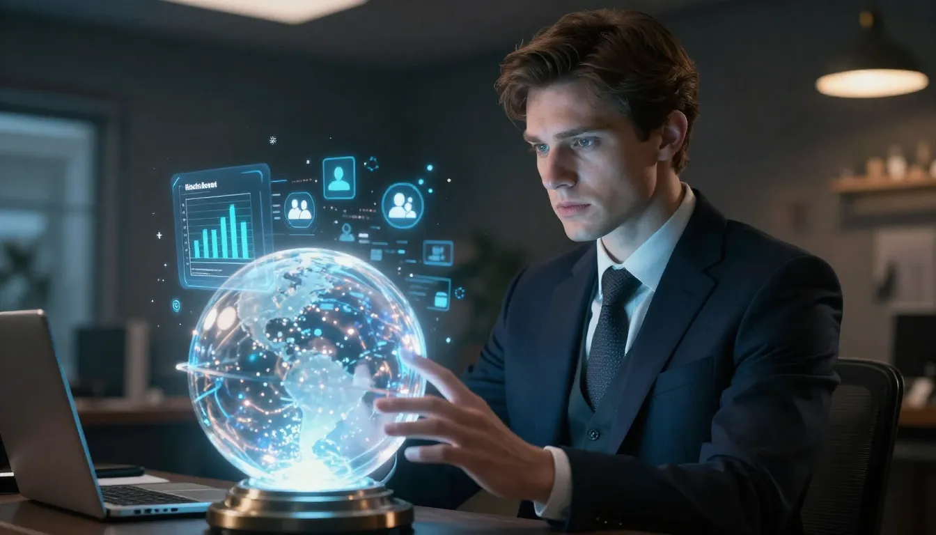 A modern wizard in a sharp suit looking into a glowing cryst...