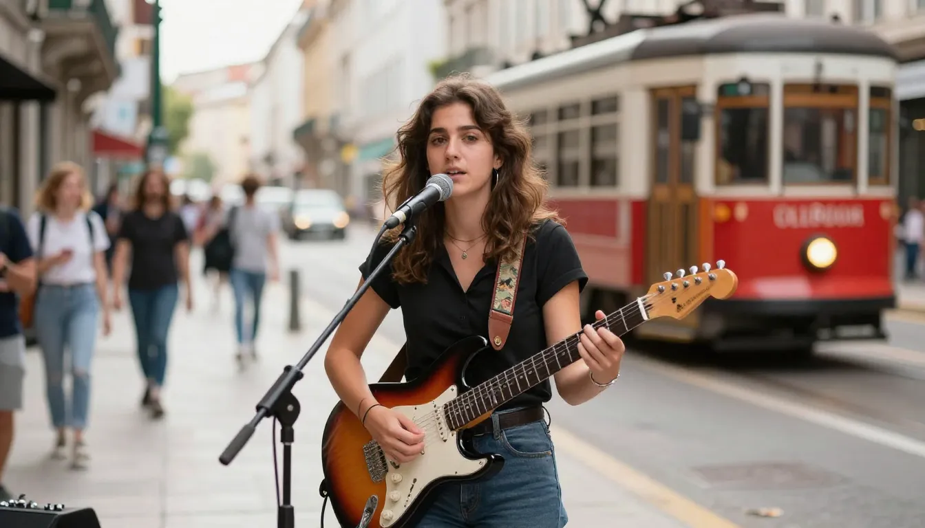 A cinematic shot of a street musician girl with an electric ...