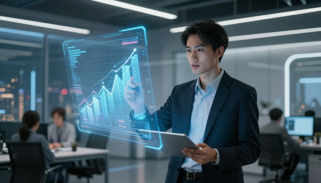 A successful young entrepreneur in a futuristic office overl...