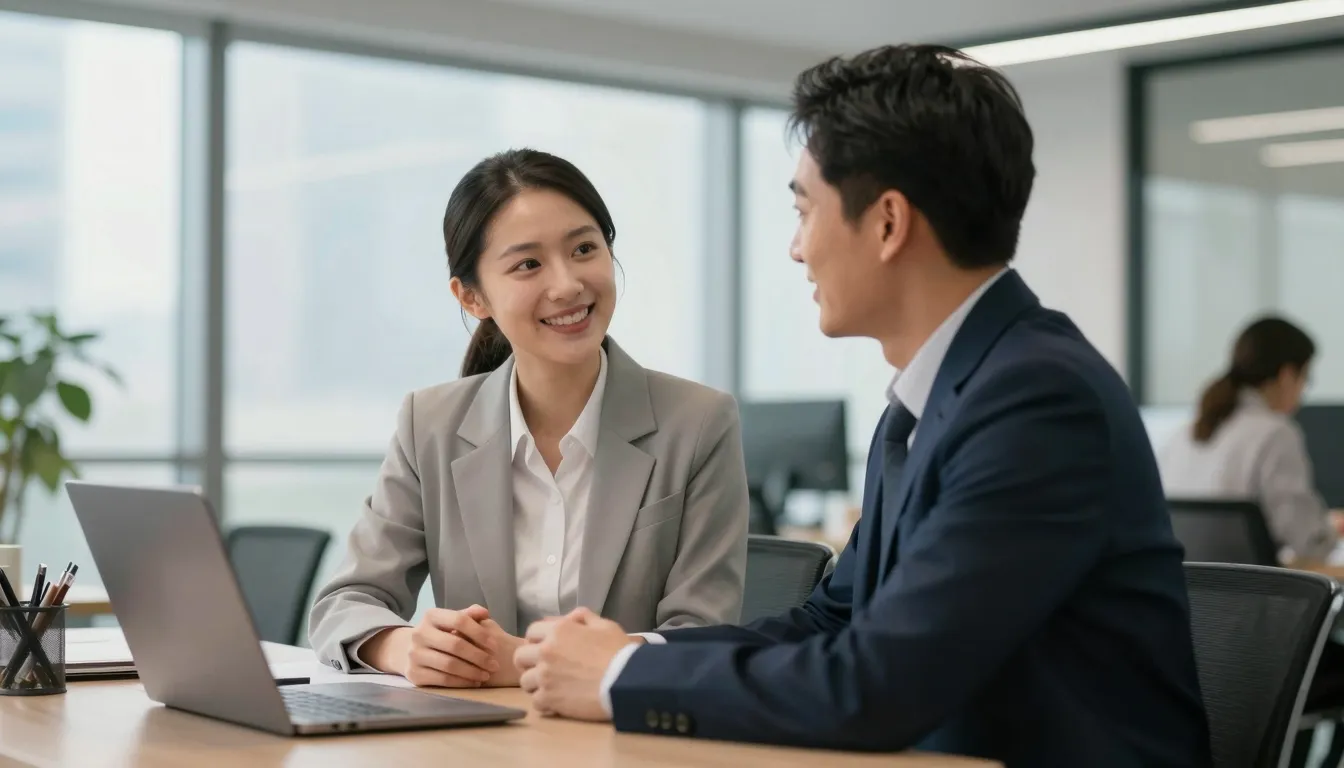 Two professional colleagues, a man and a woman, smiling and ...