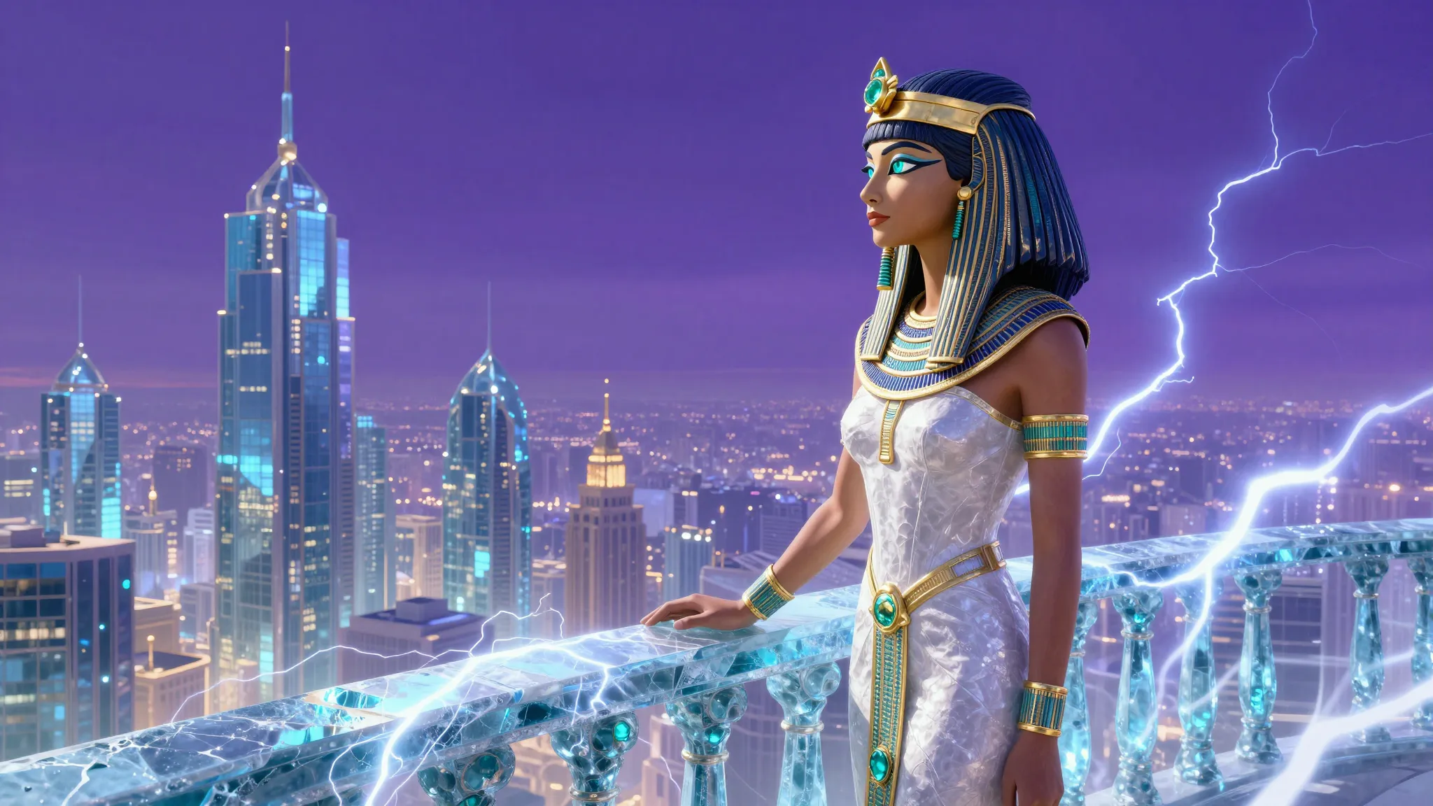 An ancient Egyptian queen with eyes like glowing emeralds, s...