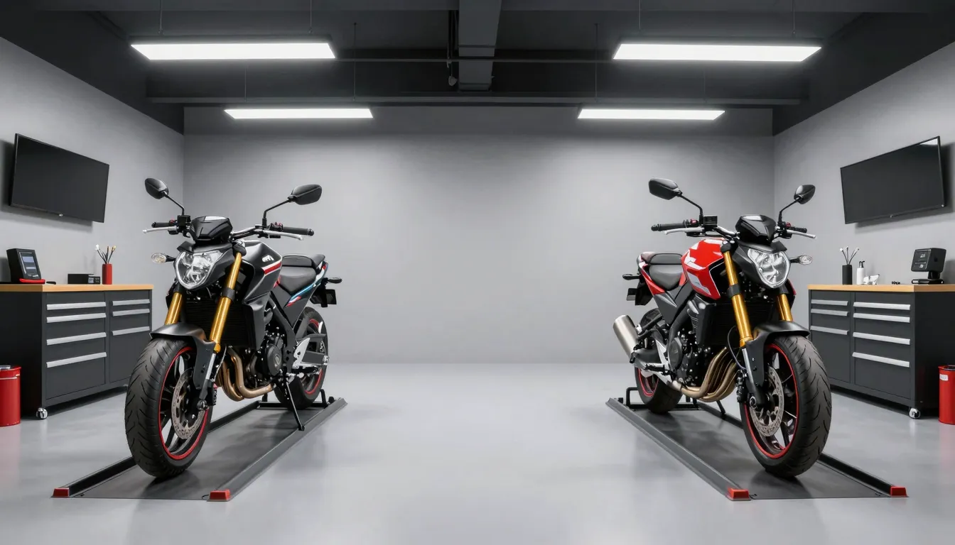Interior of a motorcycle garage with two work stations, symm...