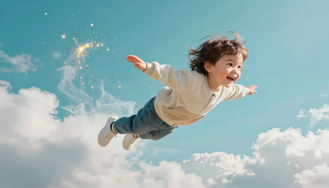 Cinematic shot of a joyful toddler flying among soft, fluffy...