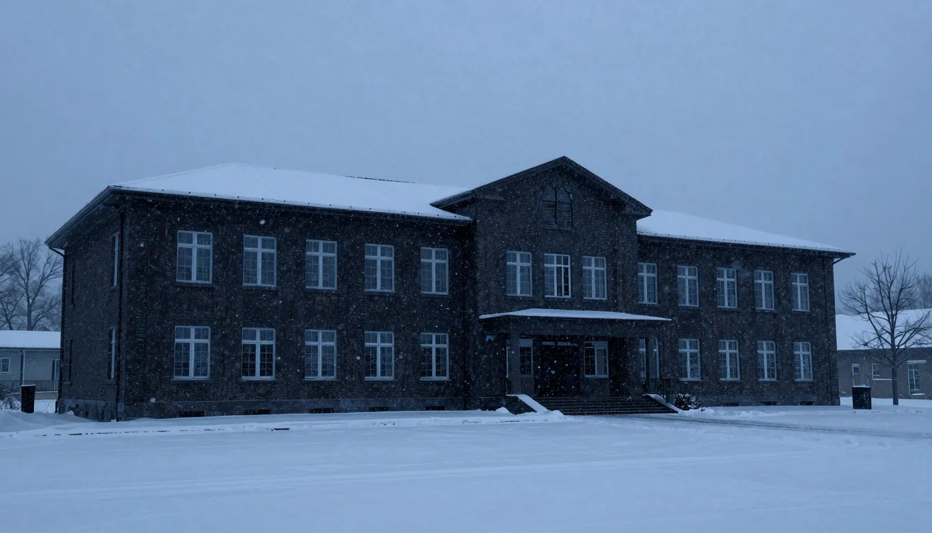 A dark school building silhouette in a heavy snowstorm, no l...