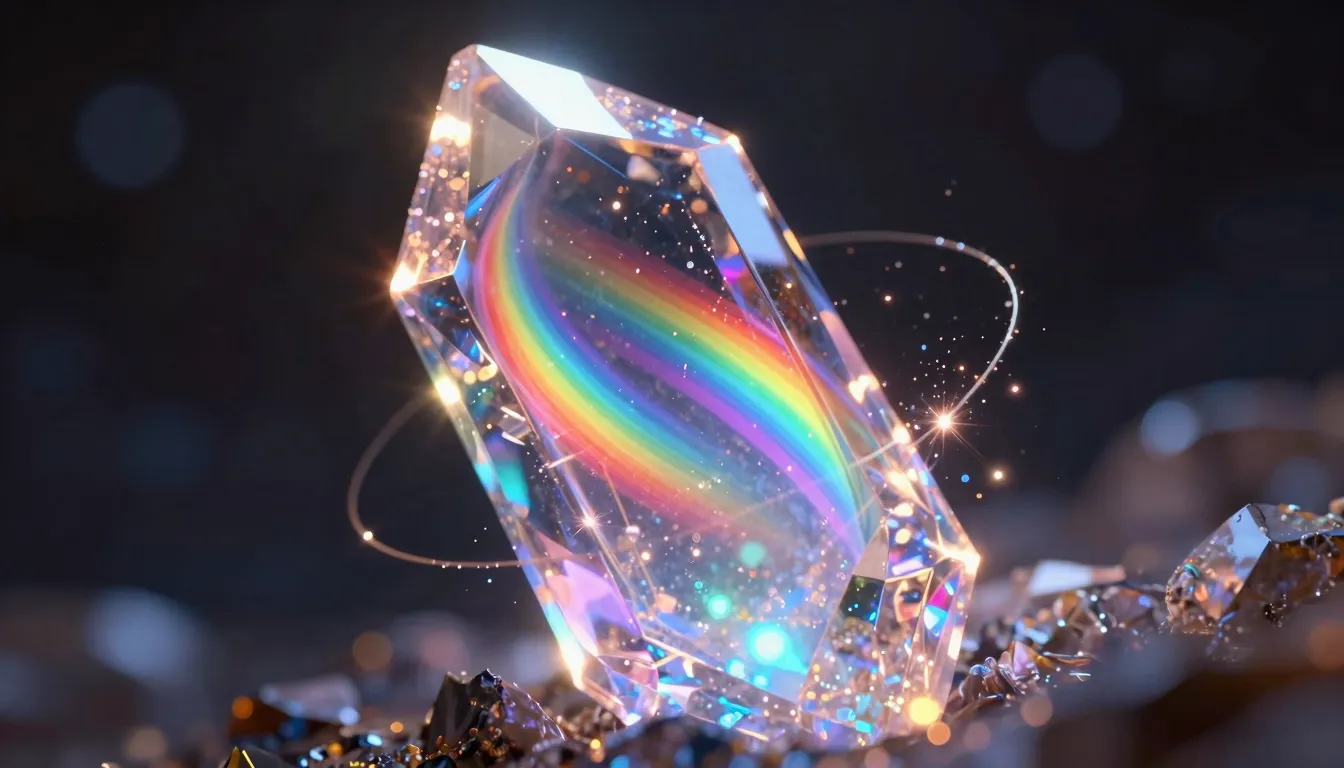 A close-up of a magical crystal forming in space, vibrant ra...