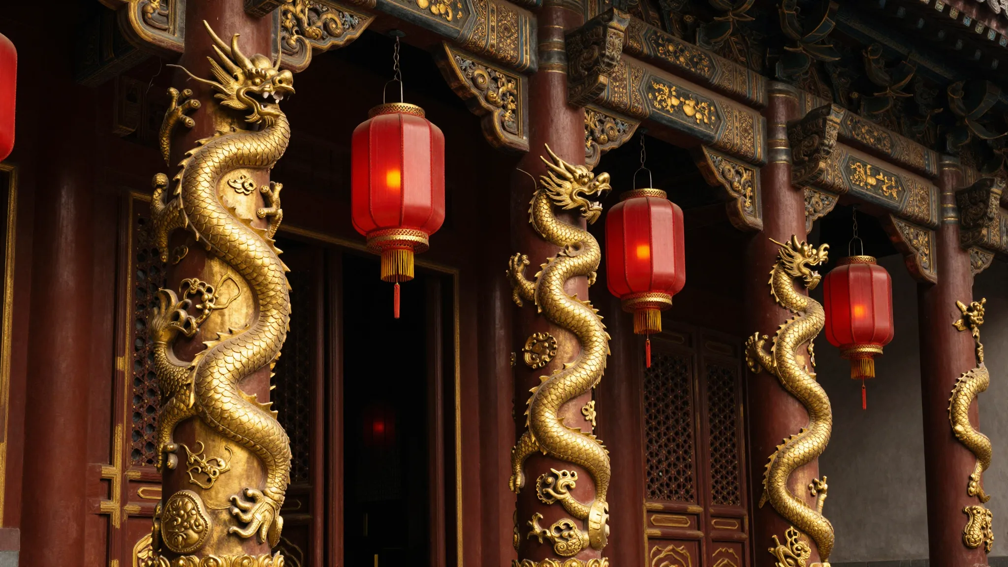 A close up of a magnificent ancient Chinese palace entrance,...