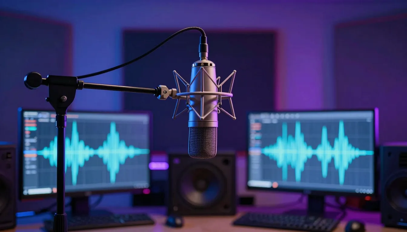 A professional music recording studio with neon blue and pur...