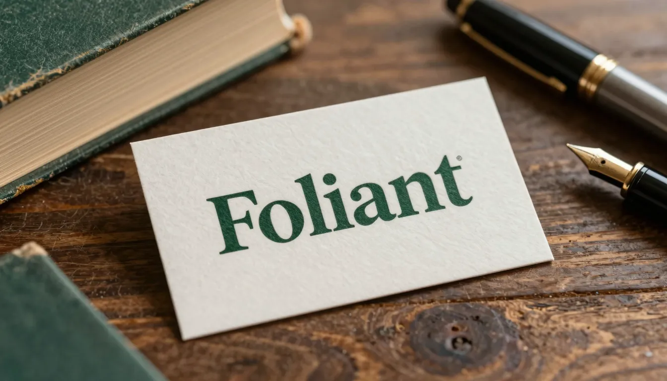 Close-up of a business card and stationery for 'Foliant' boo...
