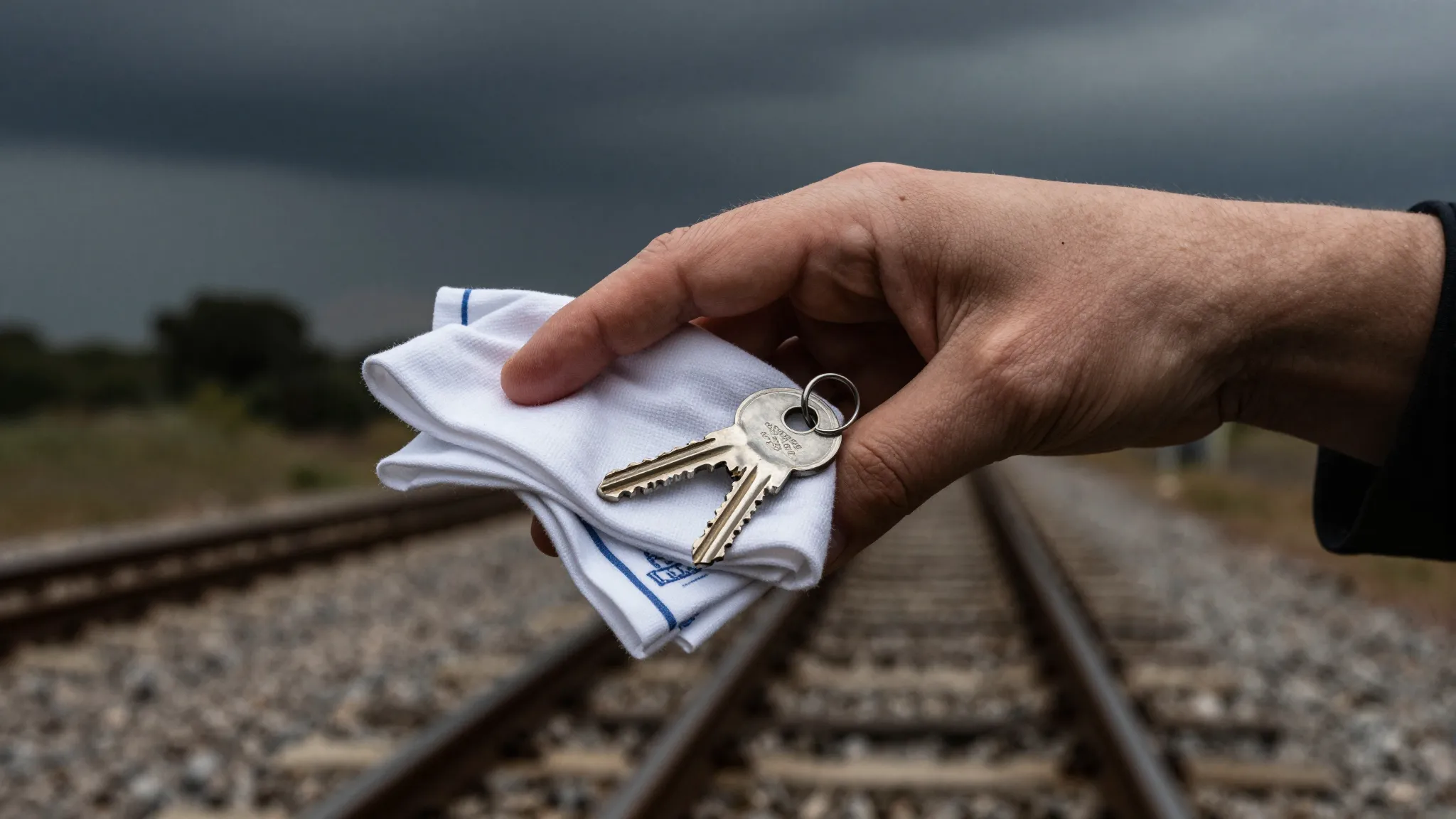 A close-up of a person's hand holding a crumpled handkerchie...