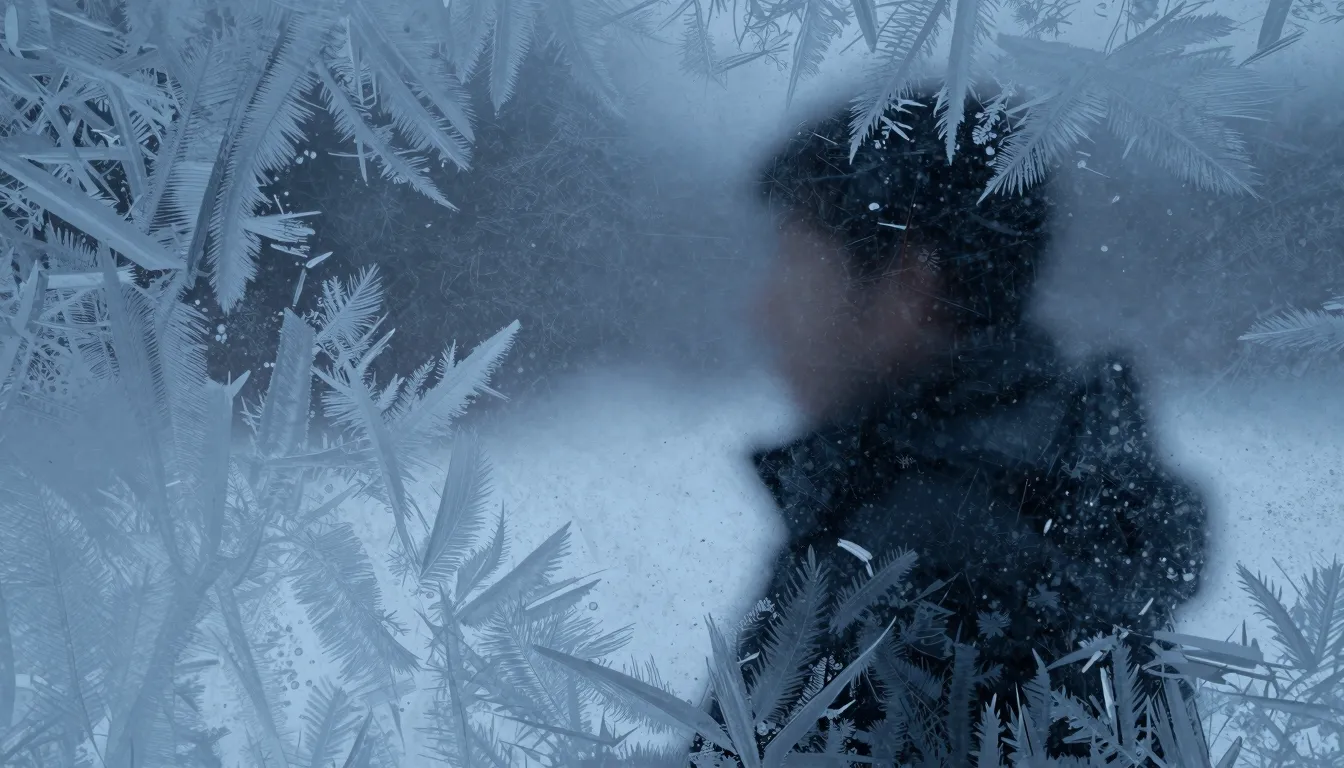 A frozen window with ice patterns, a blurry silhouette of a ...