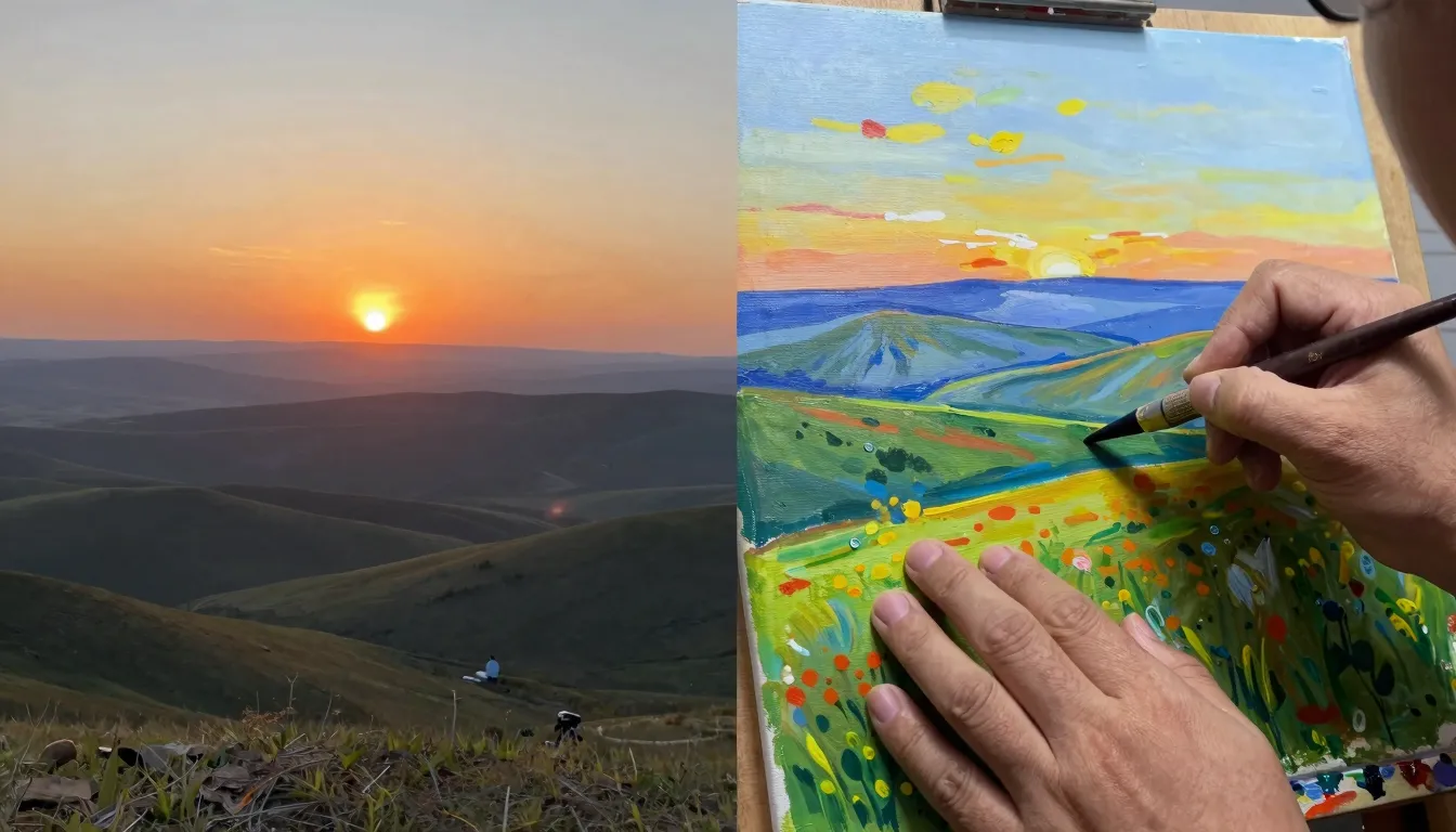 A split screen showing a breathtaking time-lapse of a sunris...