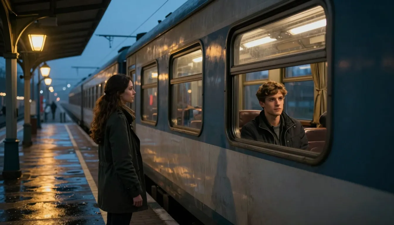 Cinematic shot from the platform level. A young Slavic man s...