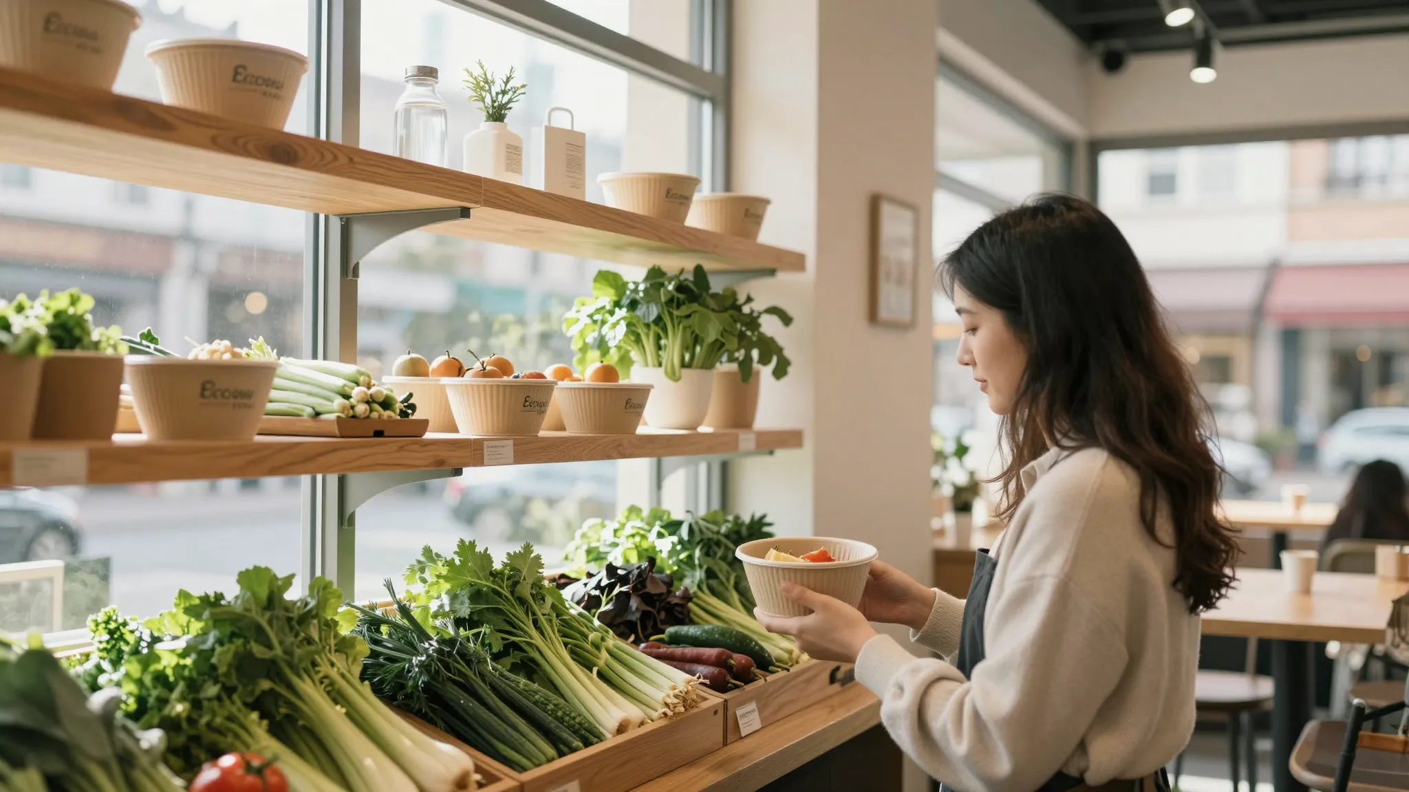 Interior of a bright Eco Bowl Café, large windows with sunli...