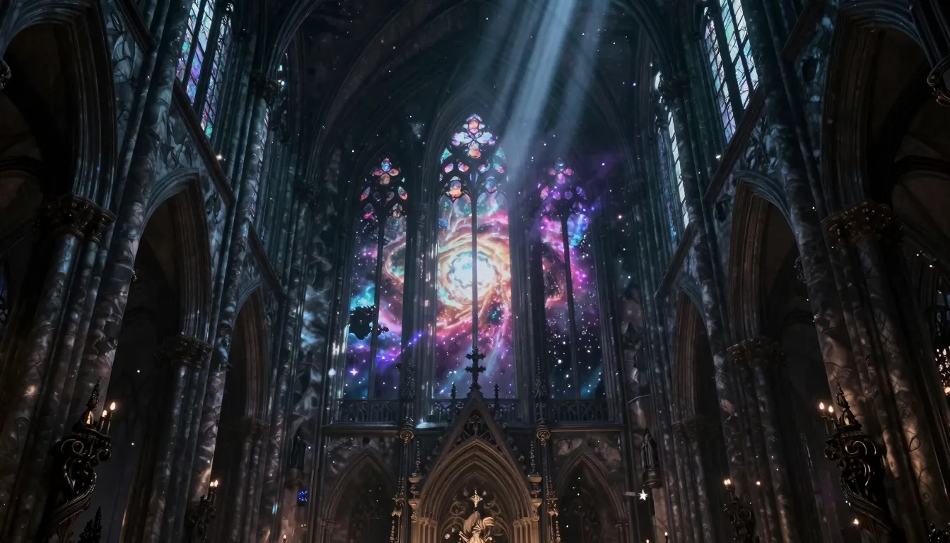 Dark gothic cathedral interior blending into a cosmic nebula...