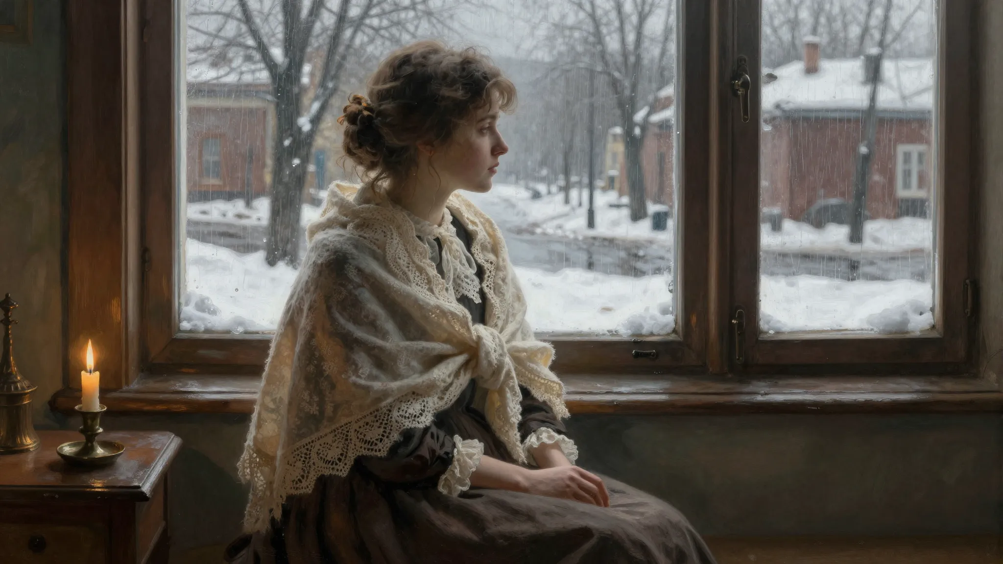 19th century Russian interior, a young woman with a shawl si...