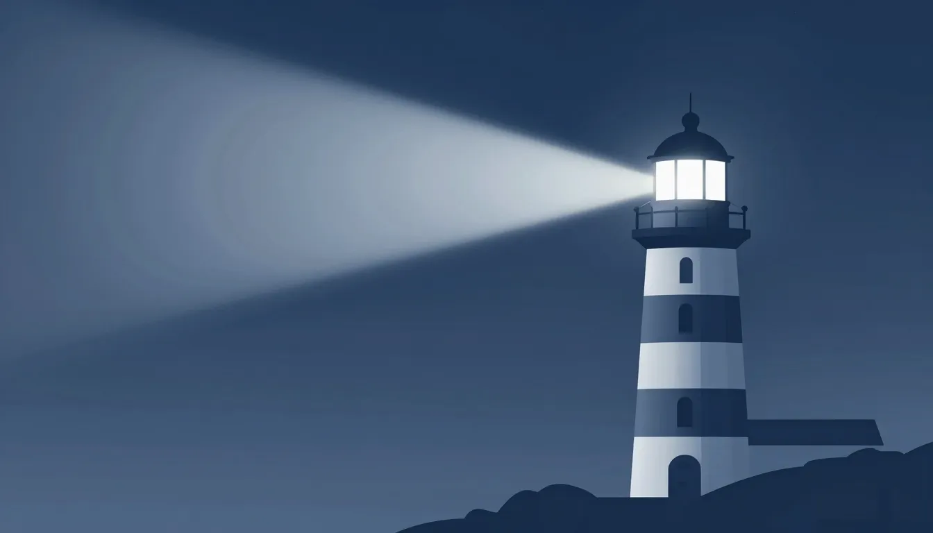 A symbolic illustration of a lighthouse casting a bright, cl...