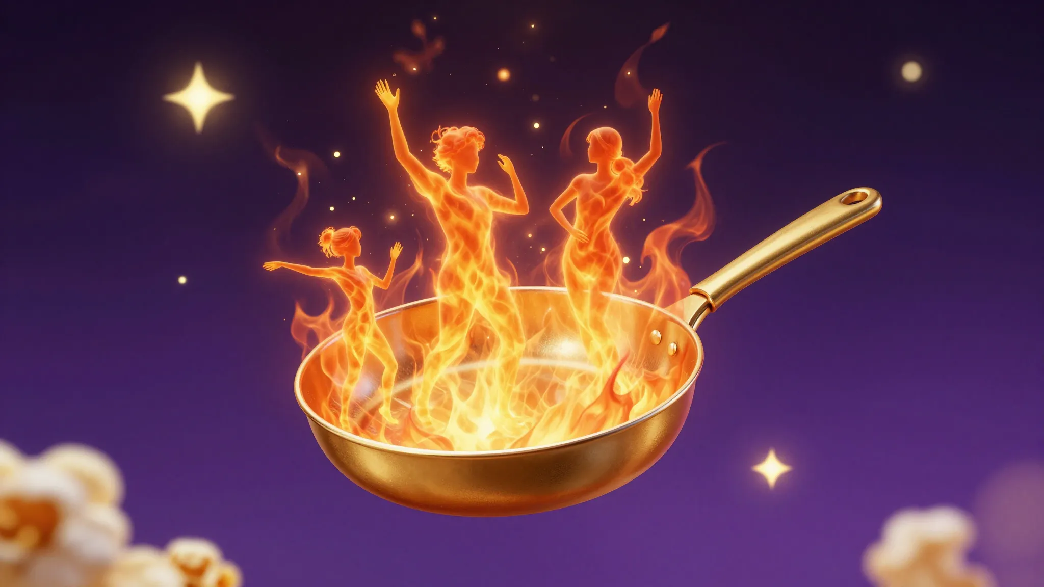 A surreal image of a golden frying pan floating in space wit...