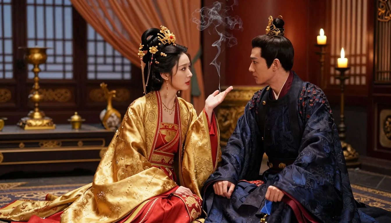 A luxurious ancient Chinese palace interior, a noble woman i...