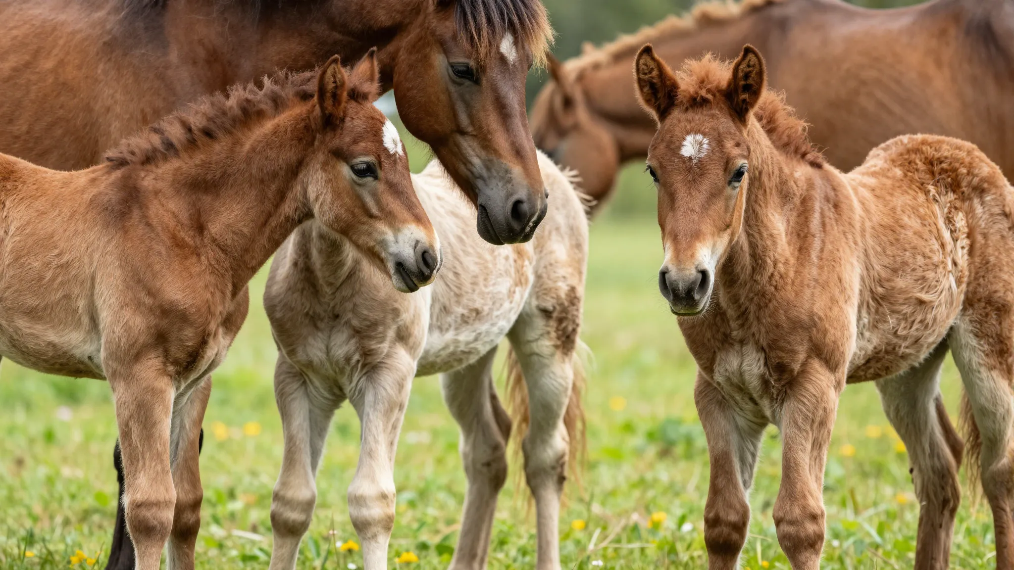 A heartwarming and adorable image of several young foals (ba...