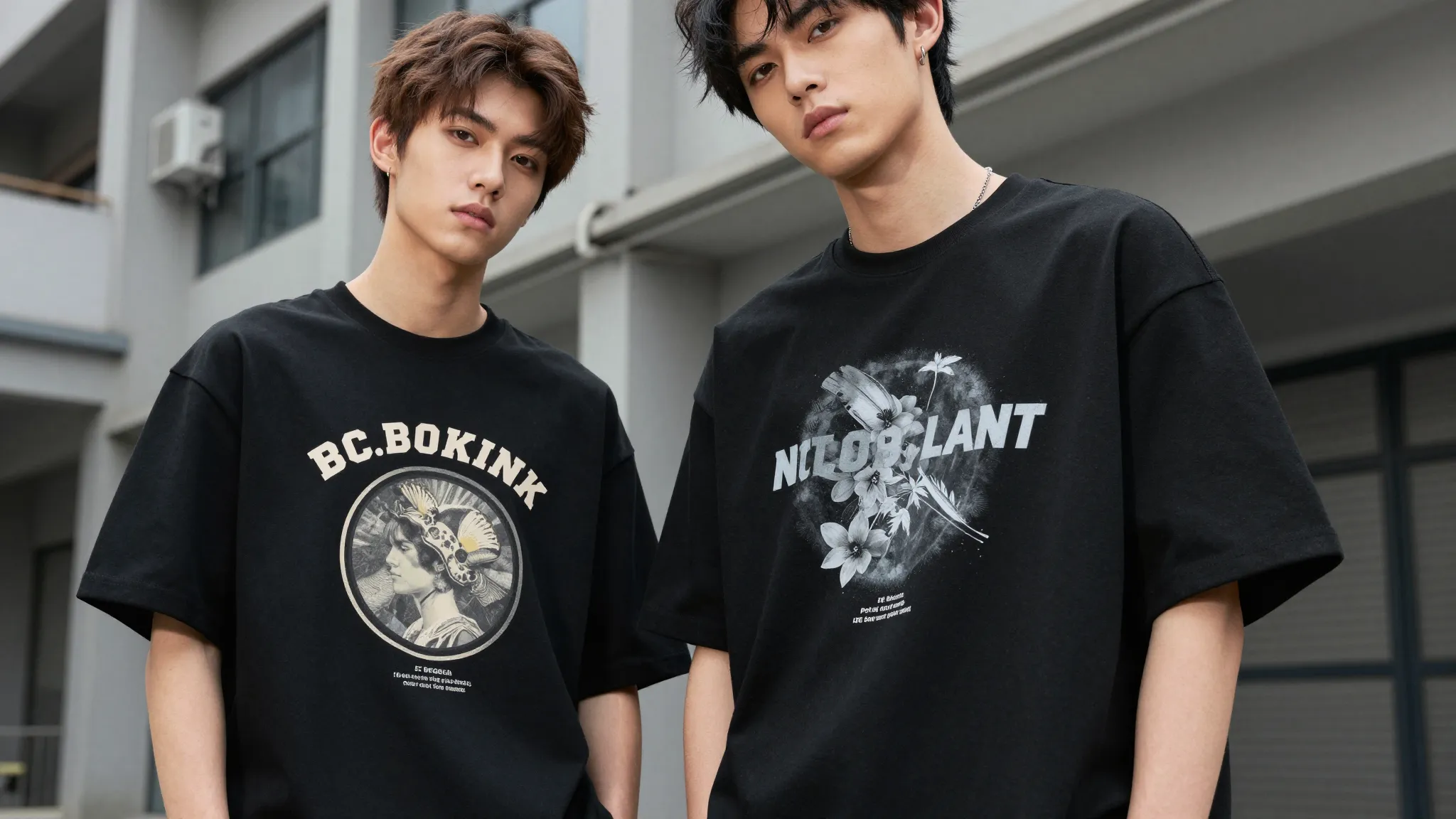 Two teenagers in a stylish urban setting, wearing unique han...