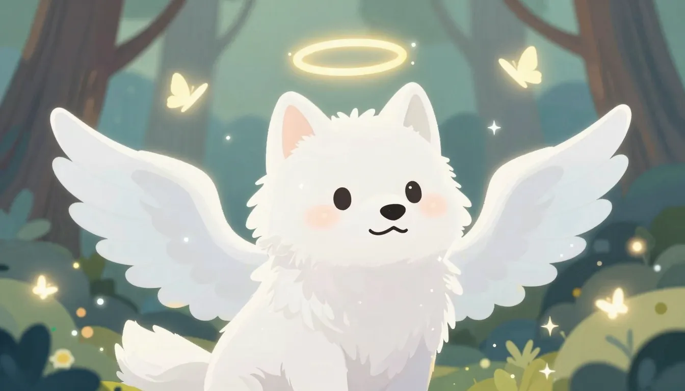 Cute digital illustration of a fluffy white wolf with sparkl...