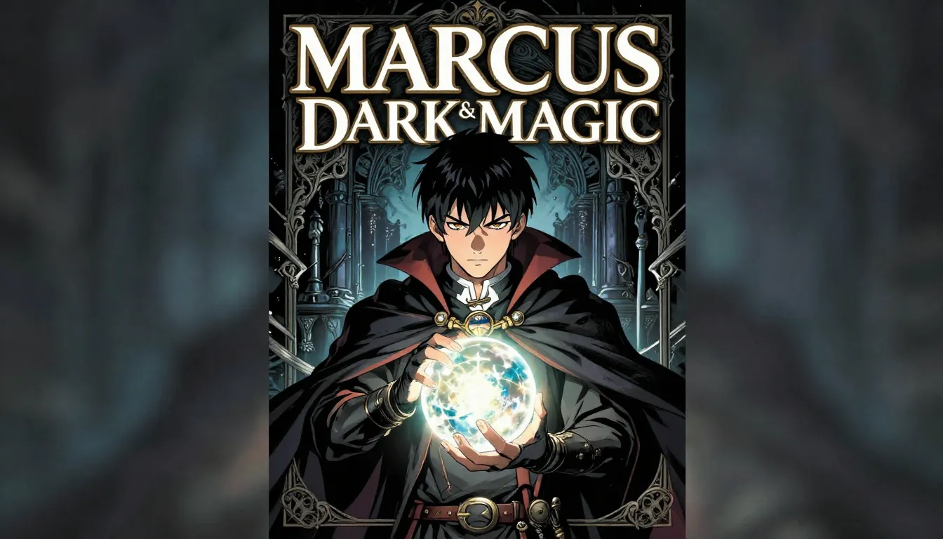 Manga cover art, title 'MARCUS & DARK MAGIC', a young wizard...