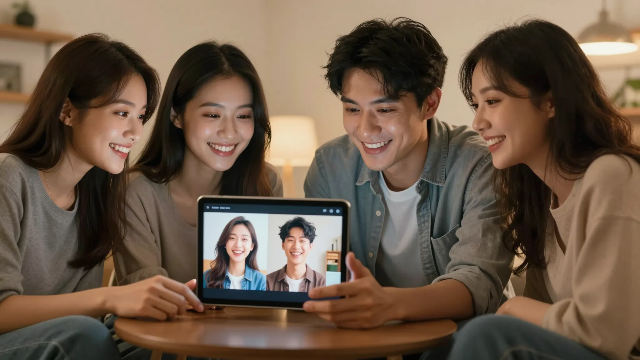 A group of happy friends, a man and two women, looking at a ...