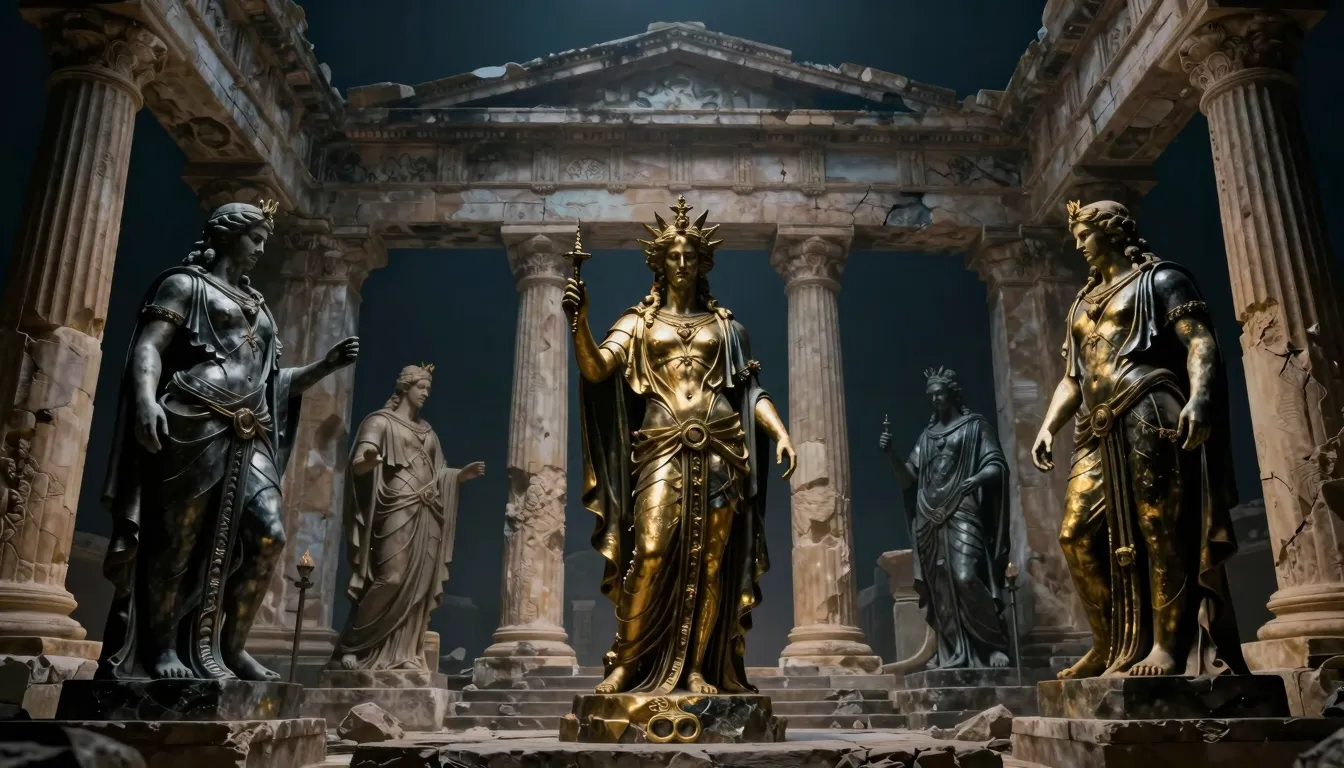 Symphonic death metal aesthetic, ancient Greek ruins at nigh...