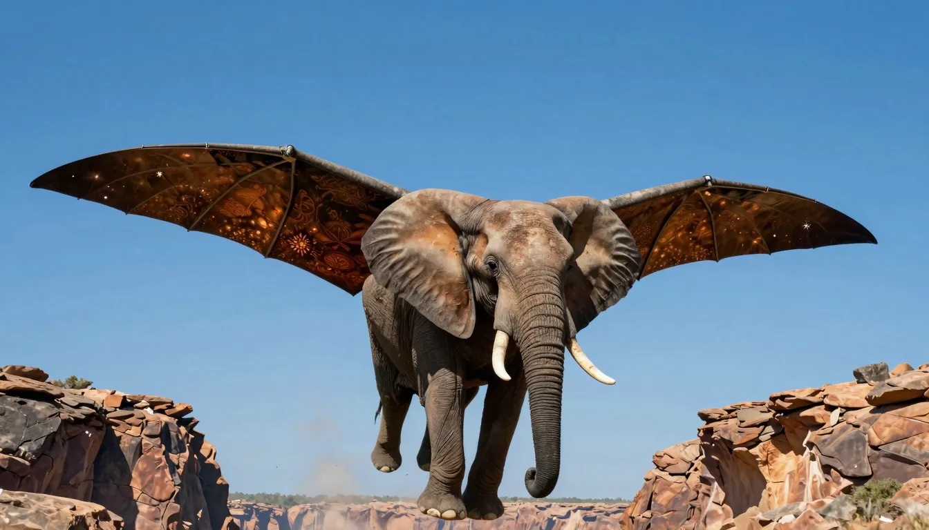 Surreal digital art of a large African elephant soaring high...