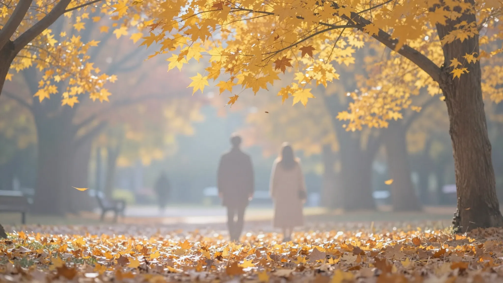 A dreamy, ethereal park in autumn, golden maple leaves falli...