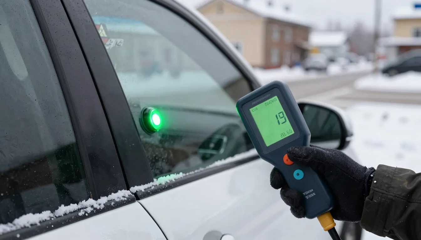 A close-up of a car paint thickness gauge showing a green li...