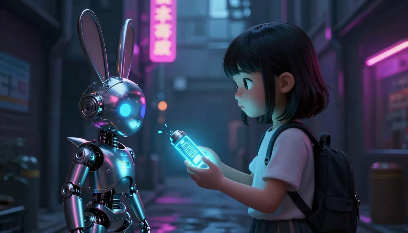 Cyberpunk style illustration of a small girl sharing a glowi...