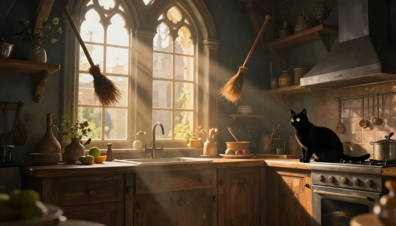 A cozy fantasy kitchen inside a dark castle, sunlight stream...
