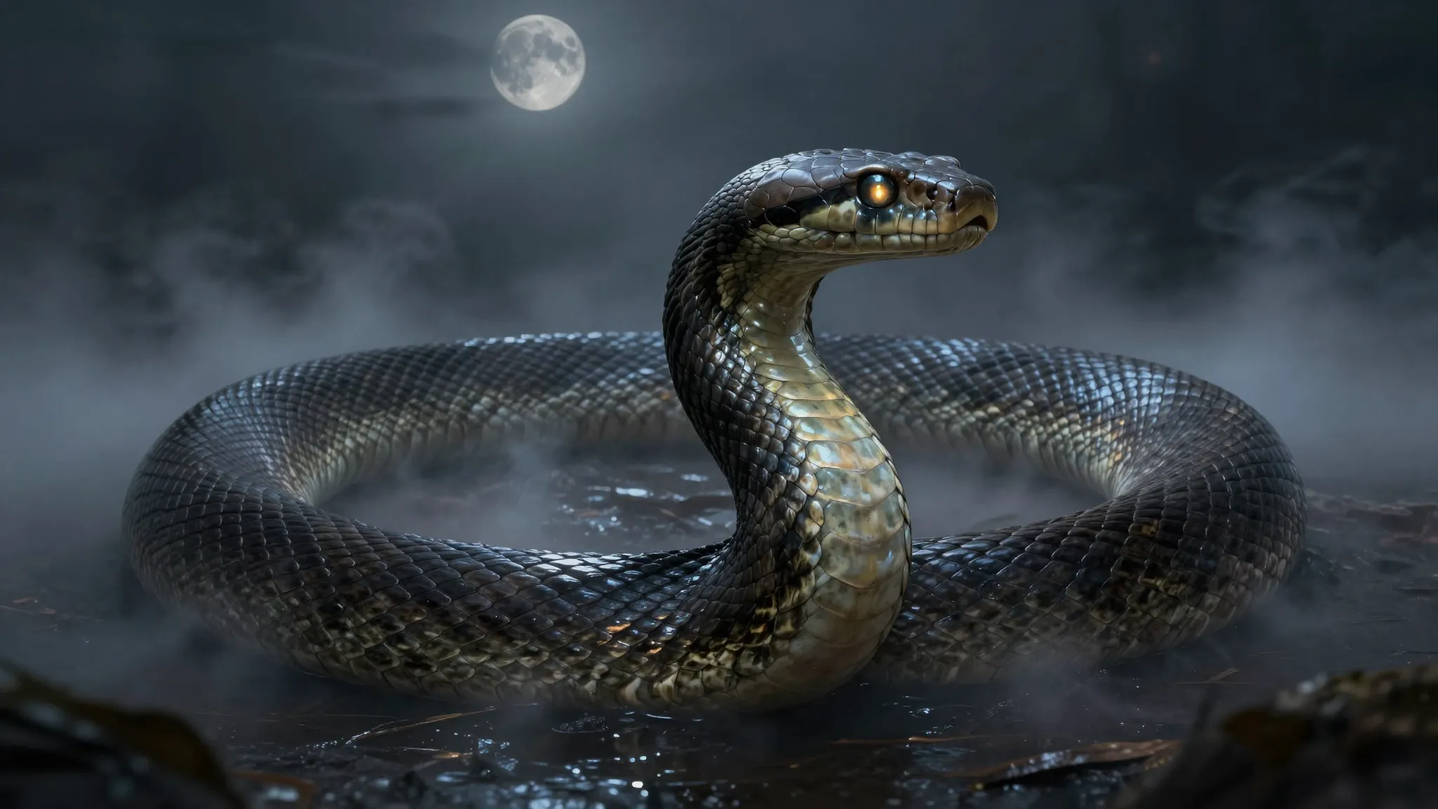 Surreal art style, a massive realistic anaconda snake emergi...