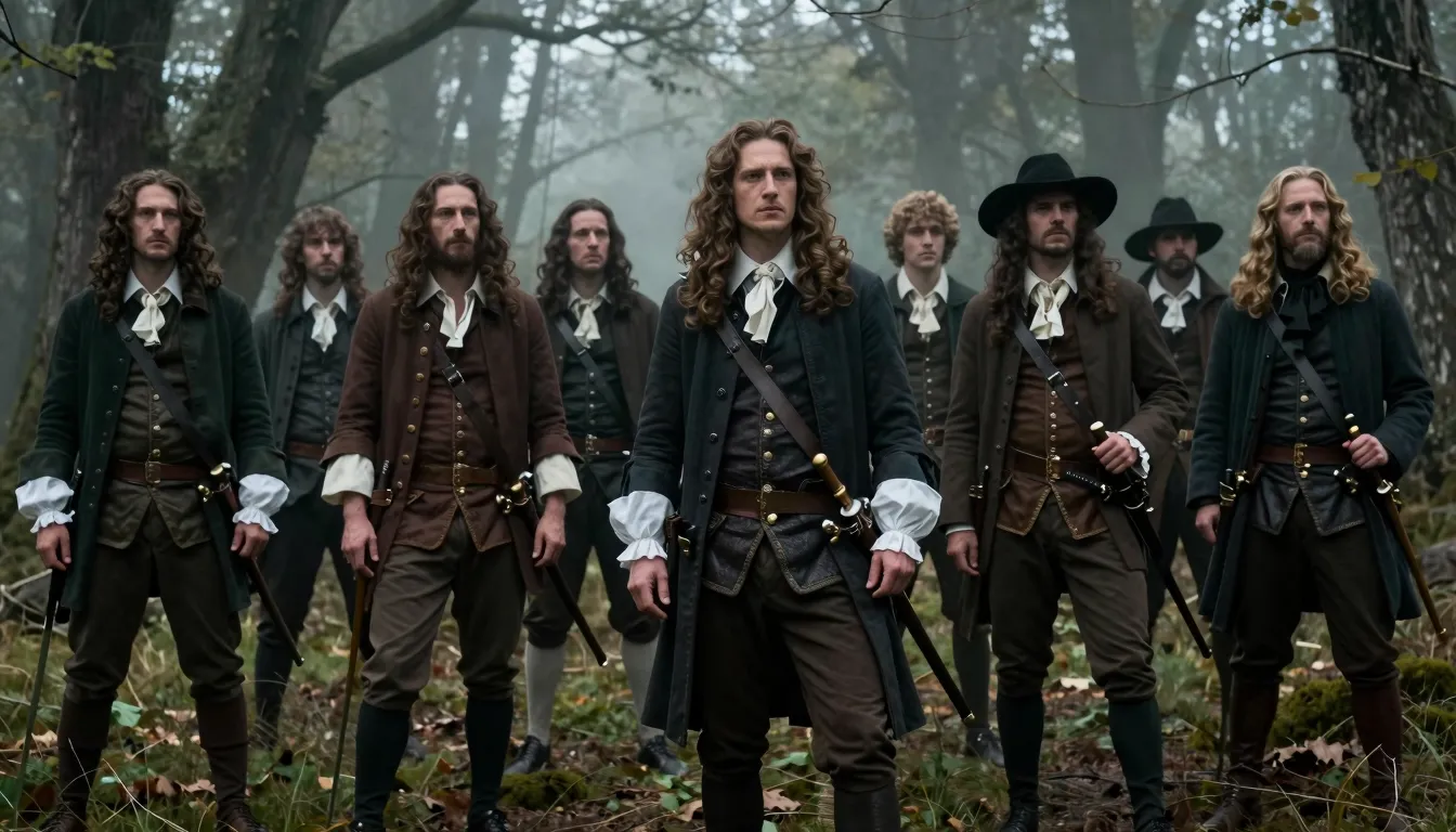A group of 17th-century French outlaws standing in a dark, m...