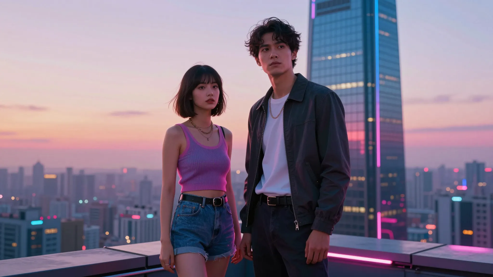 Cinematic shot of a stylish man and woman standing on a skys...