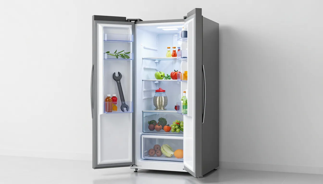 A modern refrigerator with fresh food inside, a wrench icon ...