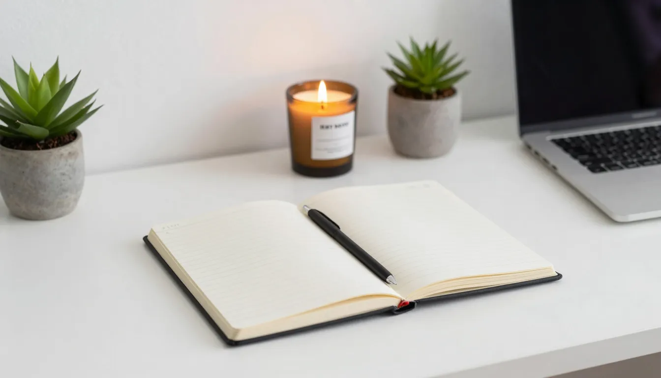 Minimalist home office setup with aesthetic details, a noteb...