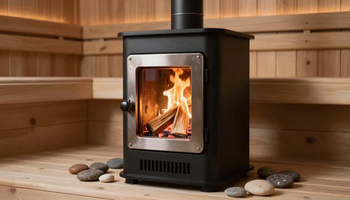 A close-up of a modern, elegant sauna stove with burning woo...