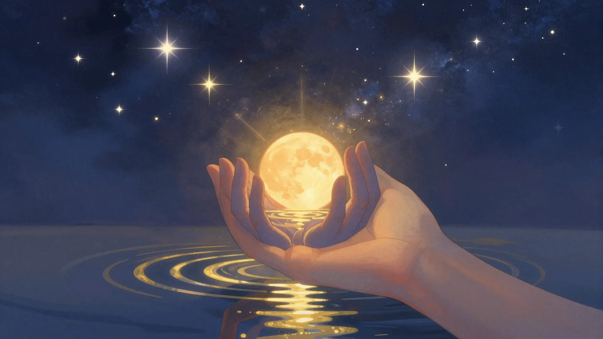 Surreal illustration, a pair of hands cradling a piece of th...