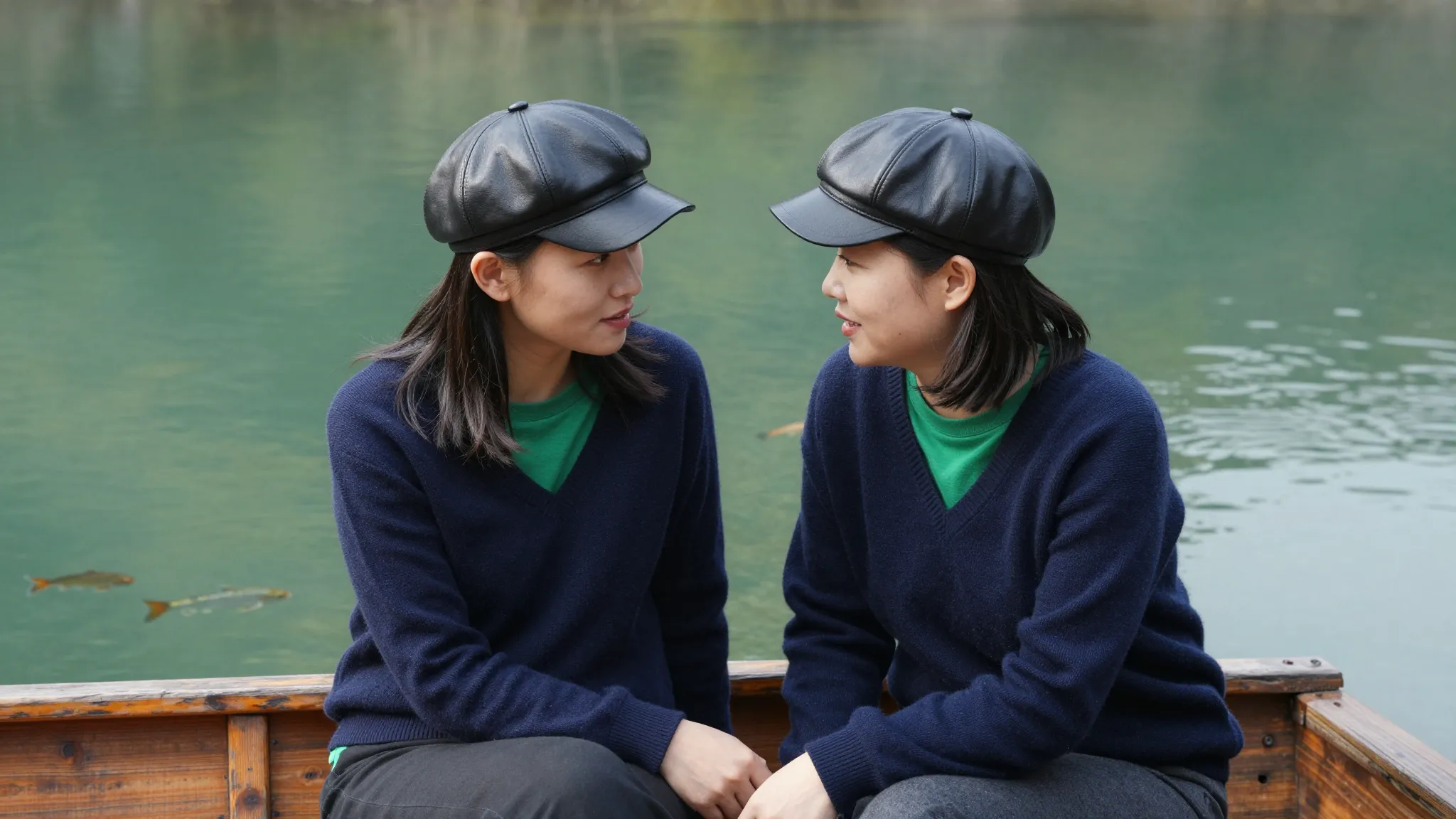 Side view of two close Chinese female friends sitting in a w...
