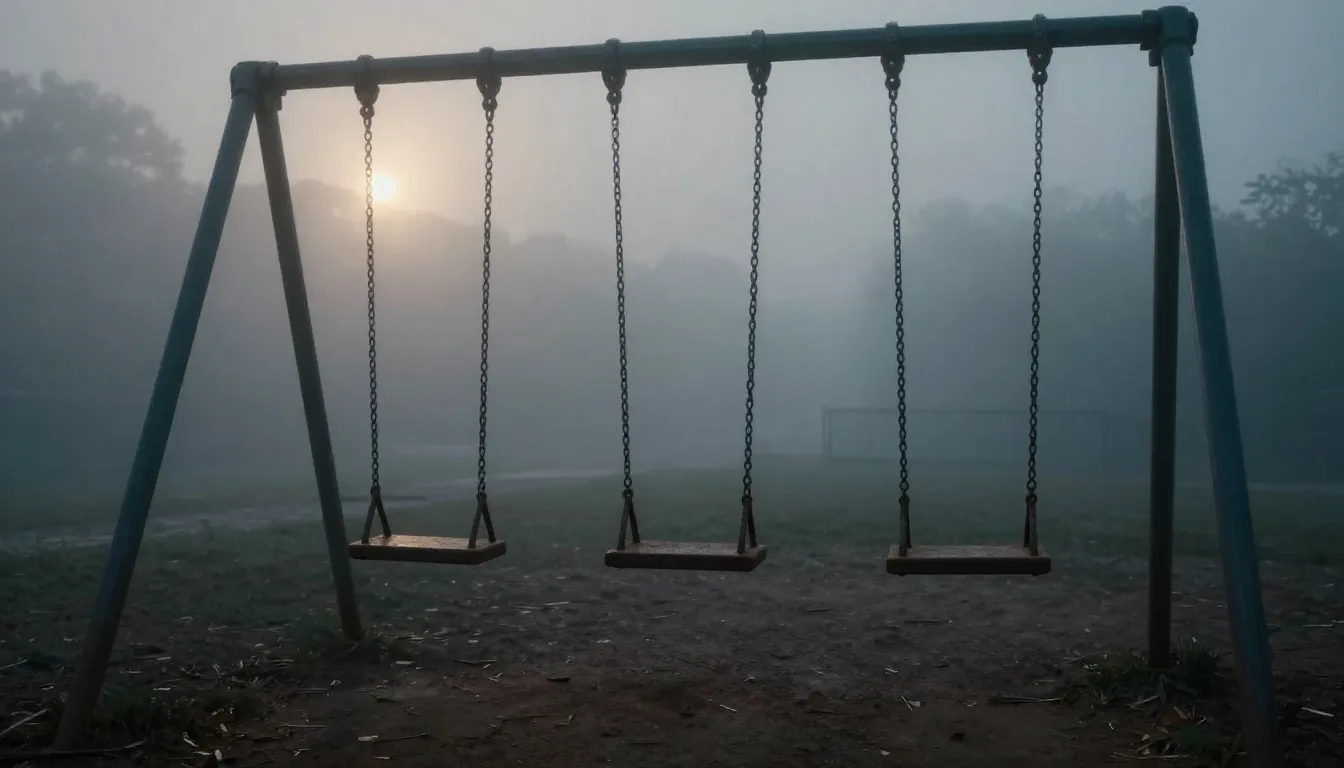Cinematic shot of empty rusty swings on a deserted playgroun...