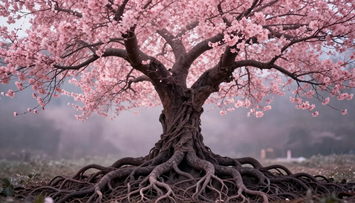 A beautiful blooming tree with deep roots, where the roots a...