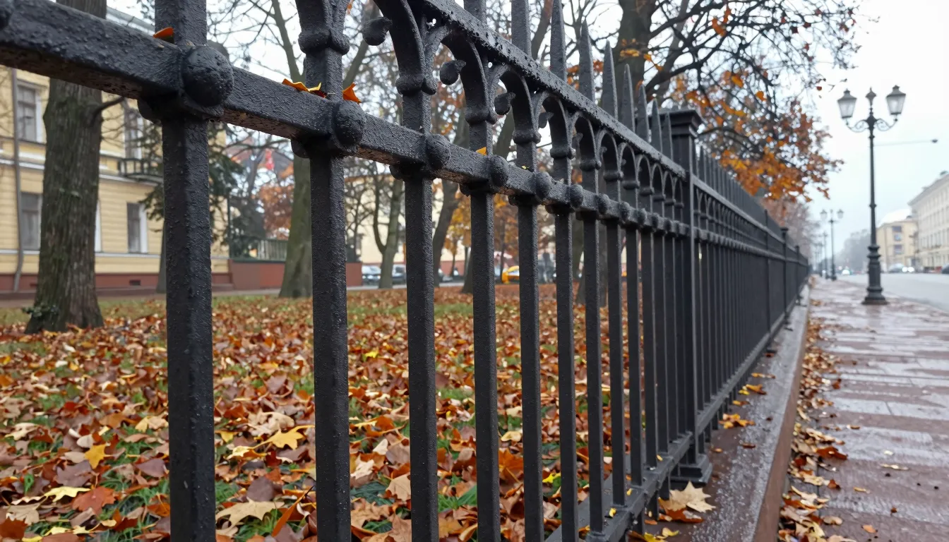 Close-up of a wrought-iron fence in a city park in Saint Pet...