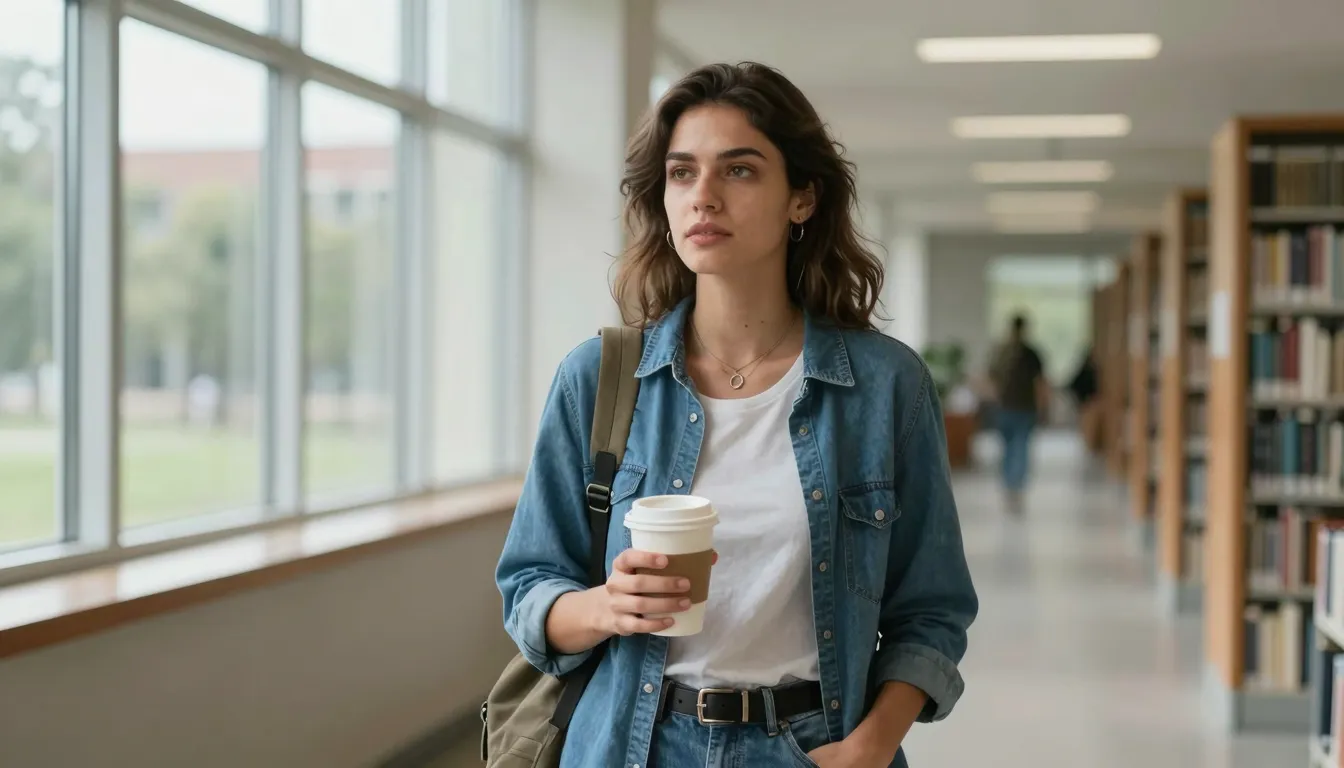 A cinematic portrait of a stylish female student in a univer...